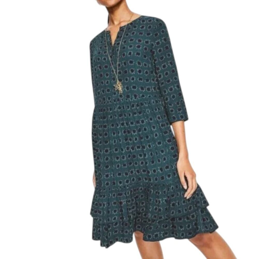 Boden Teal Blue Floral Tiered Ruffle Hem Button Front Bodice Empire Waist Dress